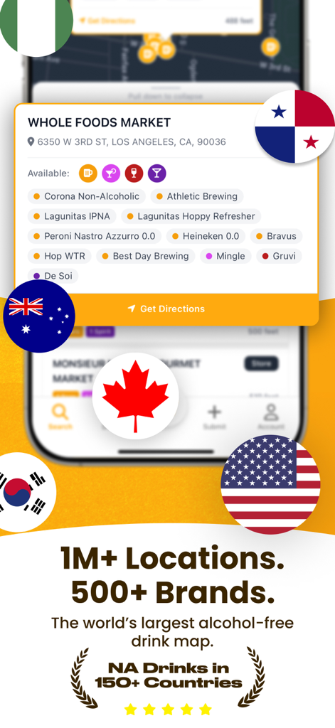 NA Beer Finder - NA Beer Finder app interface showing a list of non alcoholic drink brands at a retail location in Los Angeles