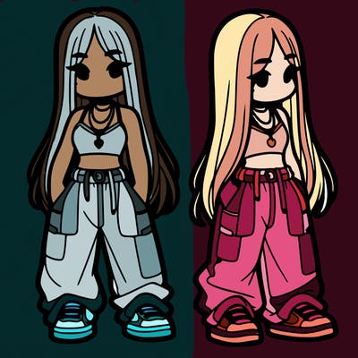 girl in baggy pants crop top and long hair