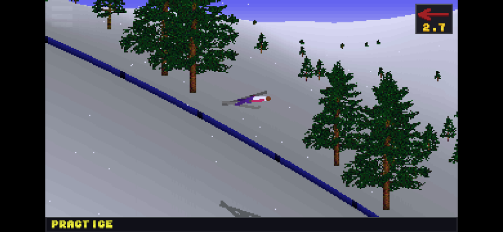 Saltador de esquí pixelado retro en vuelo sobre una ladera nevada