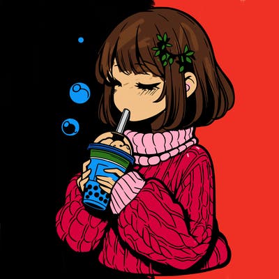 manga girl drinking boba in cozy sweater