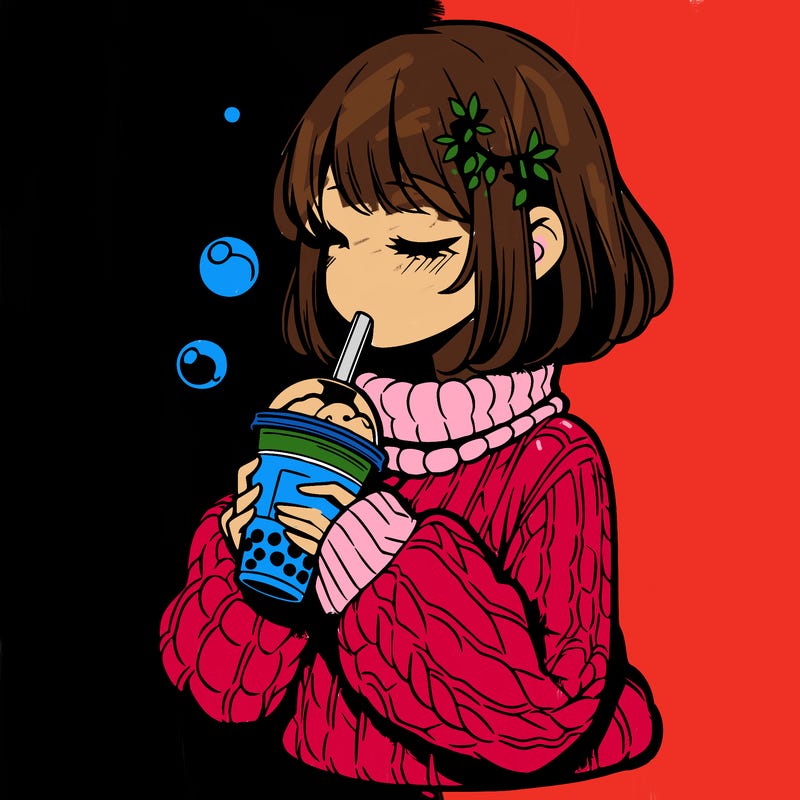 manga girl drinking boba in cozy sweater