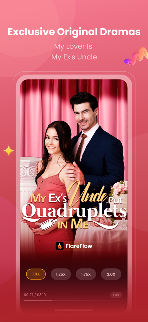 FlareFlow app interface displaying a poster for an exclusive original short drama series about romance.