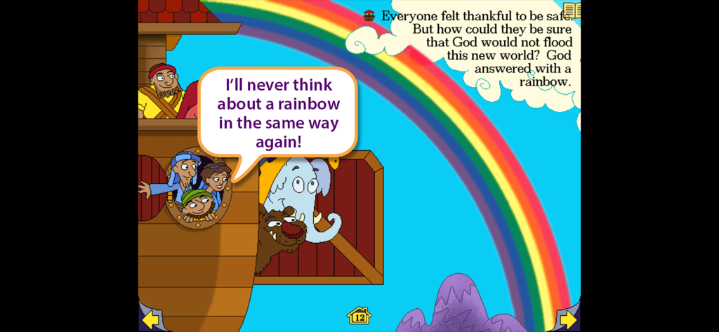 Interactive page from the Noah's Ark storybook app featuring characters looking out from the ark under a colorful rainbow.