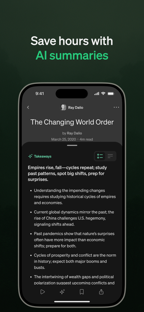 Perch Reader - Perch Reader app interface showing AI-generated takeaways and bullet points for an article.