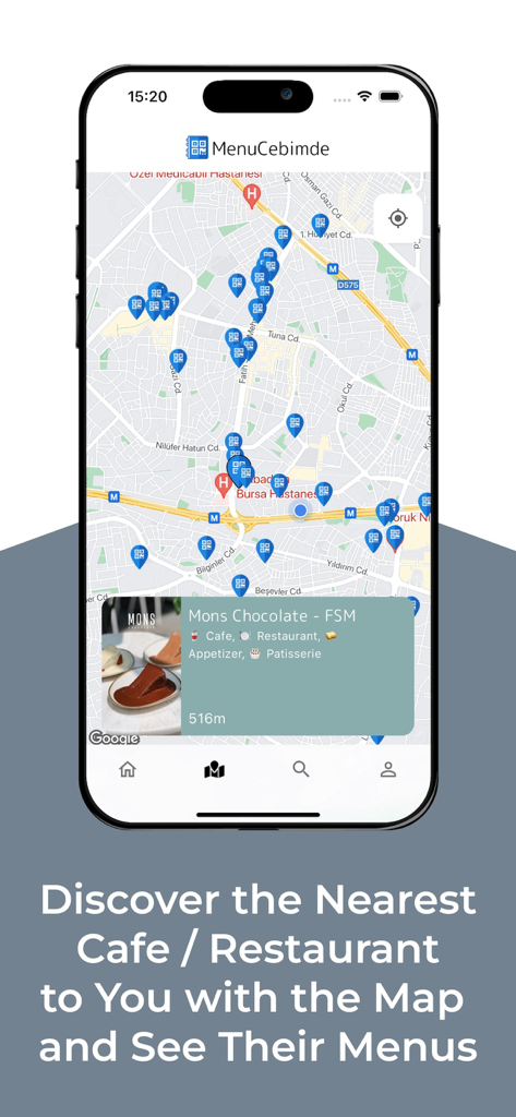 MenuCebimde - Map interface of MenuCebimde app showing nearby restaurants and cafes with distance information.