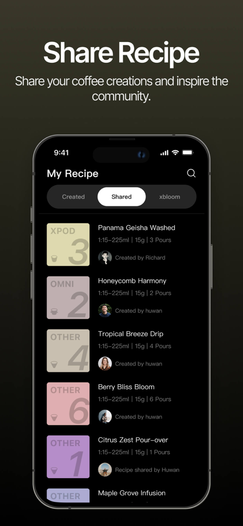 A list of shared coffee recipes on the xBloom Coffee app community page showing various brewing methods and parameters.