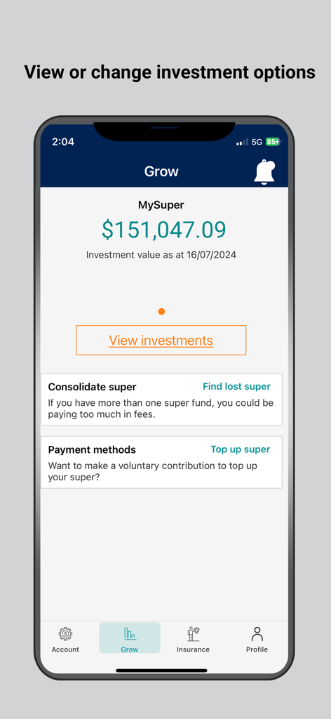 Australian Food Super - Australian Food Super 앱 화면, 계정 잔액 및 투자 옵션 표시