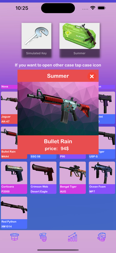 Schermata dell'app Case Simulator 3 che mostra una skin per arma M4A4 Bullet Rain estratta da una scatola estiva
