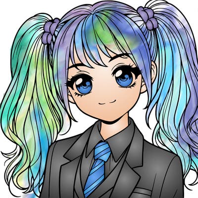 realistic girl with two ponytails and a suit on