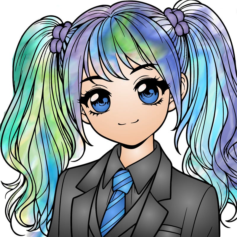 realistic girl with two ponytails and a suit on