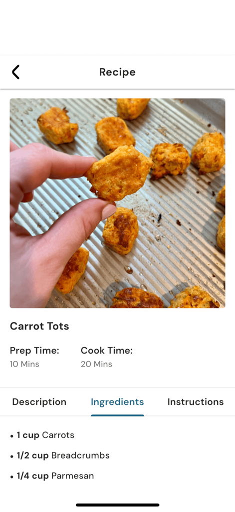Little Eats - BLW Meal Planner - Ingredients list for Carrot Tots in the Little Eats baby-led weaning meal planning app.