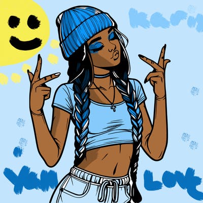 realistic teenage girl with braids and a beanie and crop top doing 🫶🏼