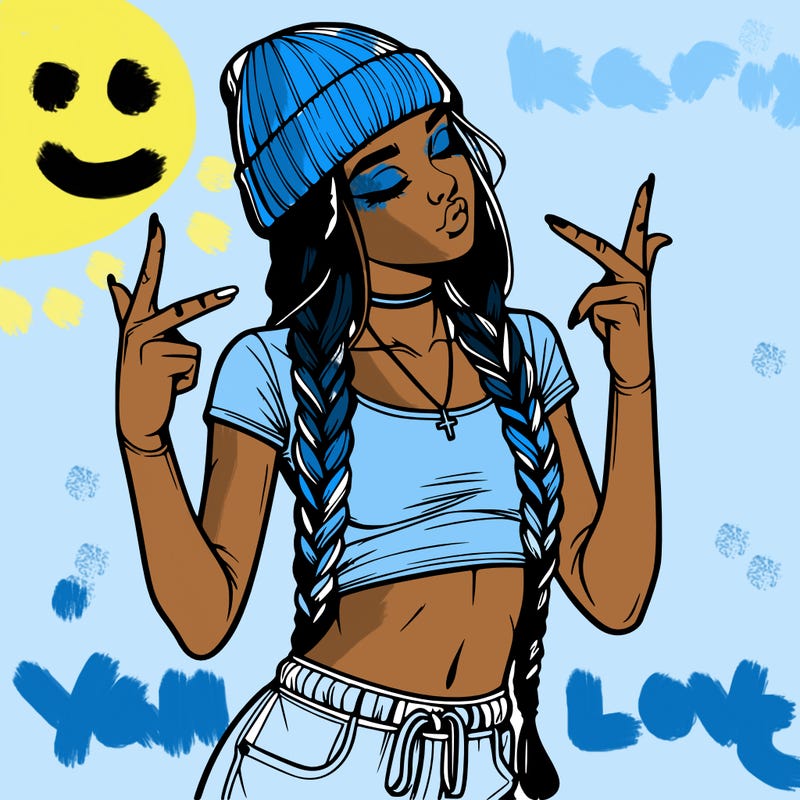 realistic teenage girl with braids and a beanie and crop top doing 🫶🏼