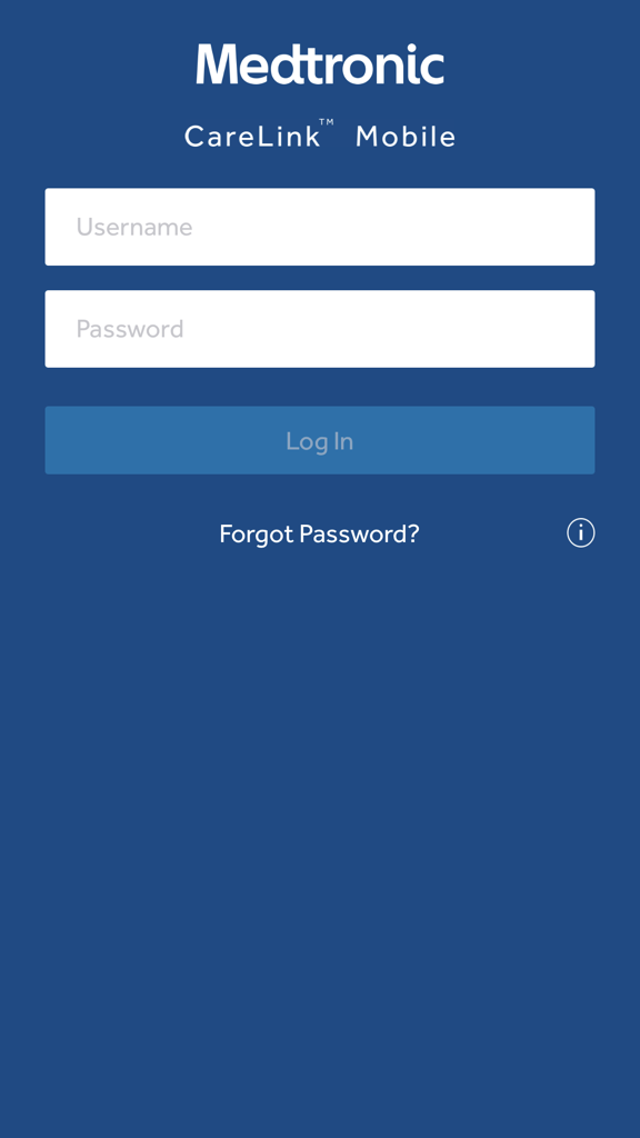 Schermata di accesso all'app Medtronic CareLink Mobile con campi per nome utente e password