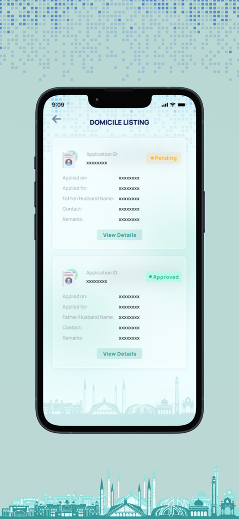 PAK App - Tela de smartphone mostrando a lista de status de solicitação de domicílio no aplicativo PAK