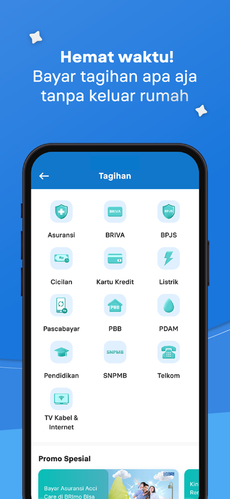 BRImo mobile banking app interface showing options to pay bills for electricity, insurance, and more