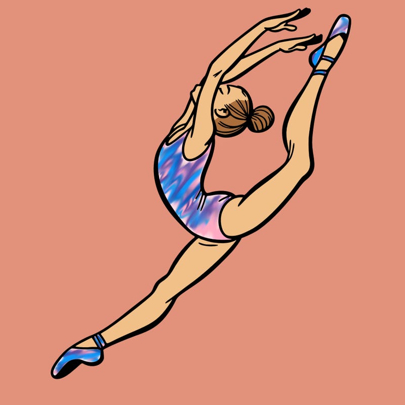 gymnast doing a leap in a leotard with a bent back leg