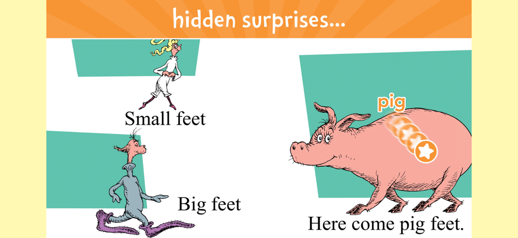 Dr. Seuss characters and a pig in a hidden surprises learning activity from The Foot Book app