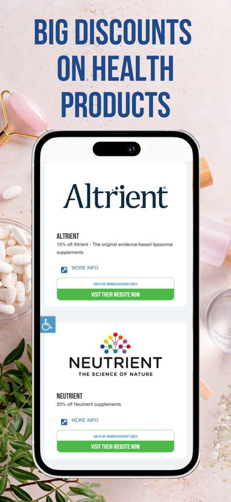 Altrient 및 Nutrient 건강 제품의 대폭 할인이 표시된 What Doctors Dont Tell You 앱이 표시된 휴대폰 화면