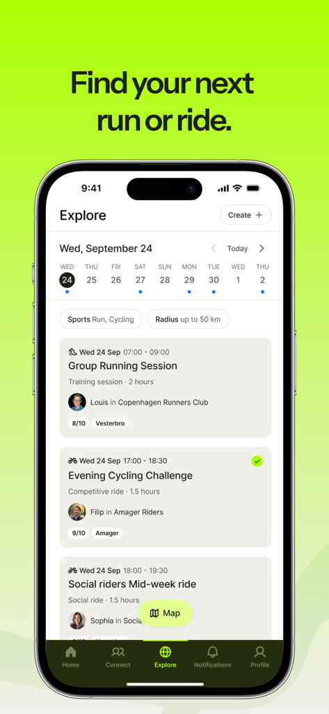 CYKOM: Discover & plan rides - Interface of CYKOM app showing the explore screen with a calendar and a list of group cycling and running activities