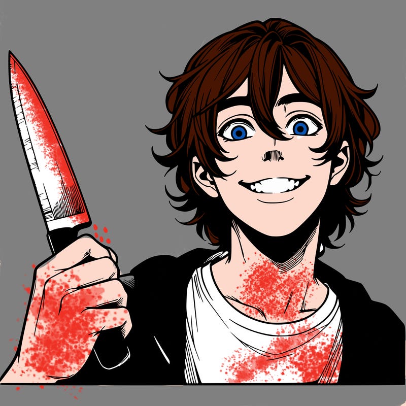 teenage realistic guy with long ish hair holding a knife and has a big grin