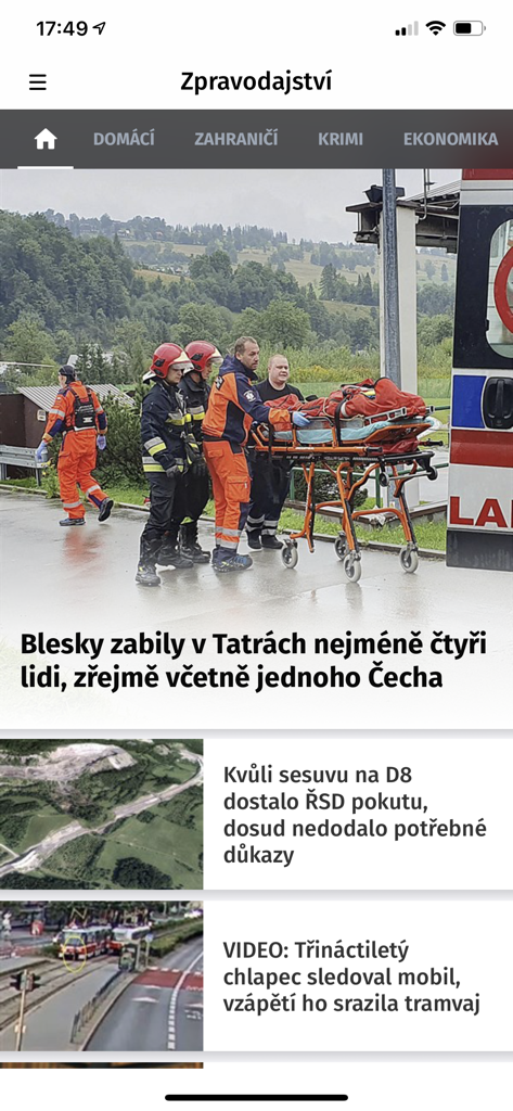 Mobile interface of the iDNES.cz app showing a feed of Czech news articles and headlines
