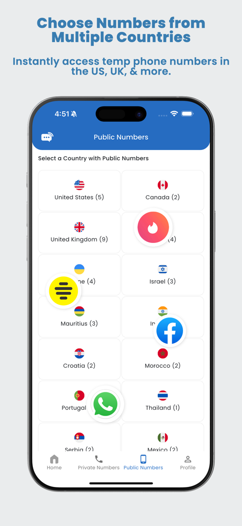 FreePhone.io: Temporary Number - Interfaz mostrando números de teléfono temporales de múltiples países para verificación de aplicaciones