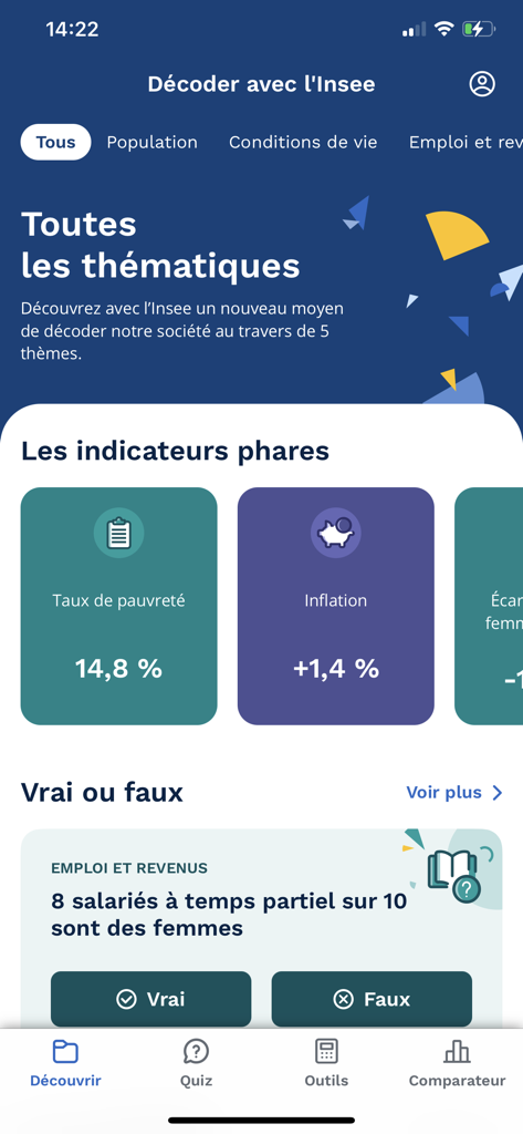 Interface of the Insee Mobile app displaying French economic statistics like inflation and a true or false quiz.