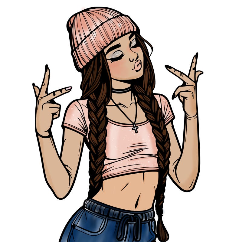 realistic teenage girl with braids and a beanie and crop top doing 🫶🏼