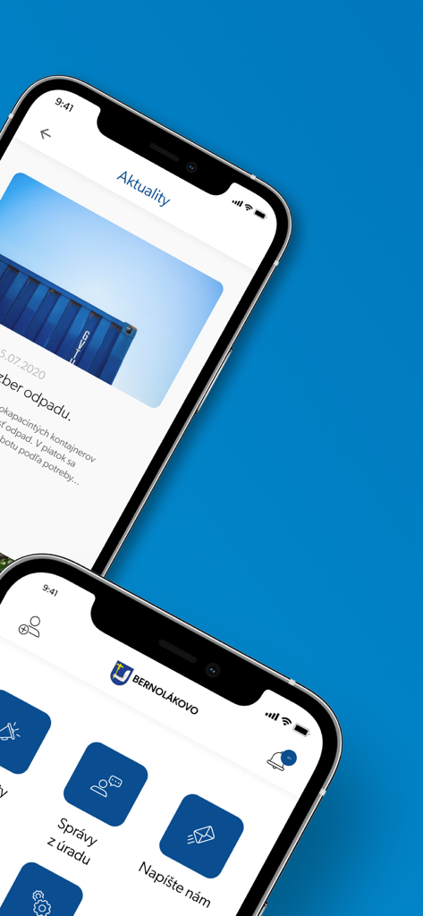 Bernolakovo municipal app interface showing local news and service icons on two smartphones.