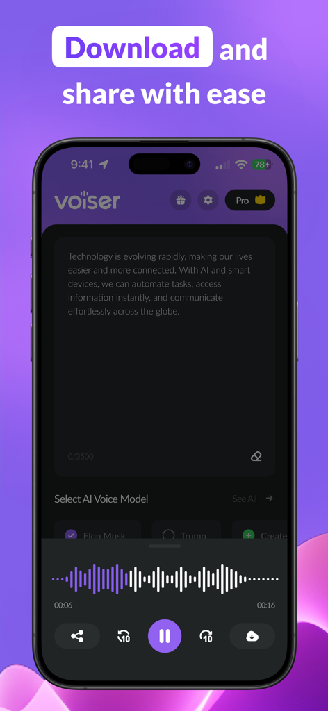 Interfaz móvil de la aplicación Voiser que muestra la entrada de texto, la selección de voz IA y la reproducción de audio con botones para compartir y descargar.
