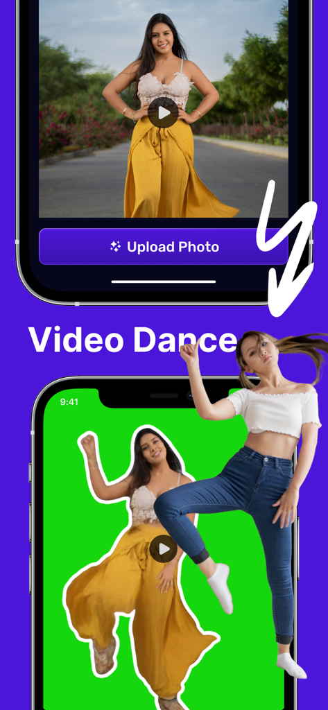 Mobile phone screens showing how to turn a photo into a viral AI dance video.