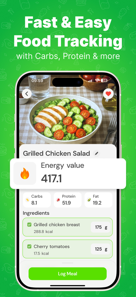 NutriSmart: Food Scanner - NutriSmartアプリのインターフェースには、グリルチキンサラダの詳細なカロリーとマクロ栄養素の内訳が表示されています