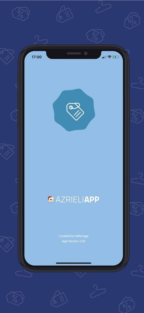 Azrieli App - Azrieli App splash screen featuring a price tag logo and shopping icons on a light blue background