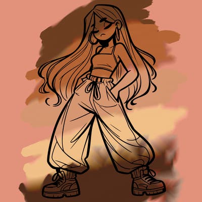 girl in baggy pants crop top and long hair