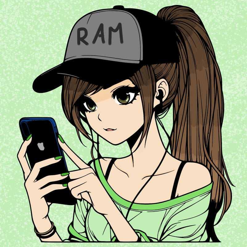 realistic girl with a long ponytail and trucker hat holding an iphone