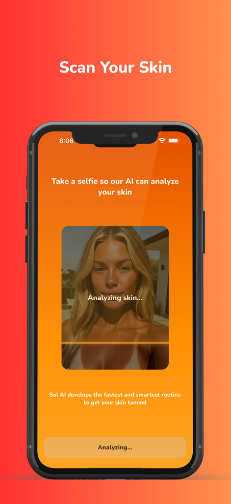Sol AI: UV Index & Tanning - Sol AI app screenshot showing the AI skin analysis feature with a selfie scan for tanning routines