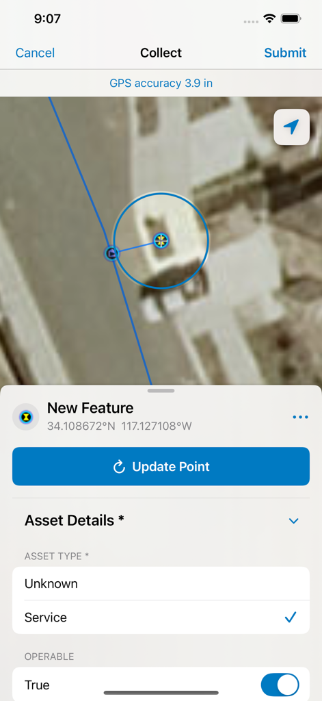 ArcGIS Field Maps - ArcGIS Field Maps interface showing satellite map data collection with a smart form for recording asset details and high GPS precision.