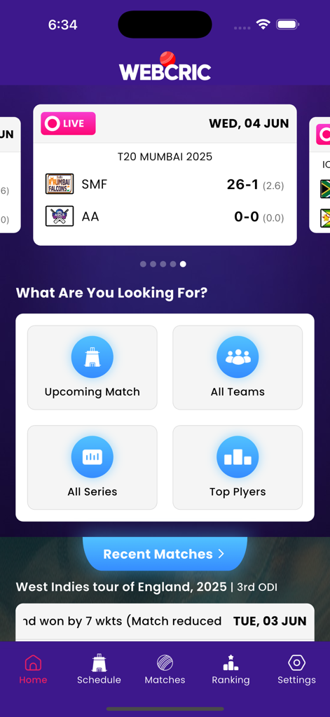 WebCric – Live Cricket HD - Home screen of the WebCric app featuring live T20 Mumbai match scores and navigation menu for cricket stats