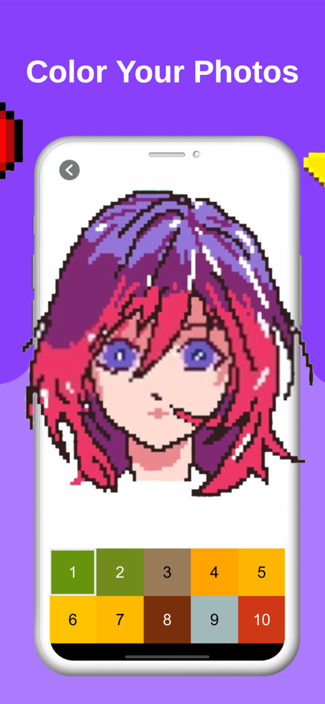 Sprite : Pixel Art Creator - Interfaz de aplicación móvil que muestra un retrato de anime pixel art siendo coloreado usando una paleta de colores por número
