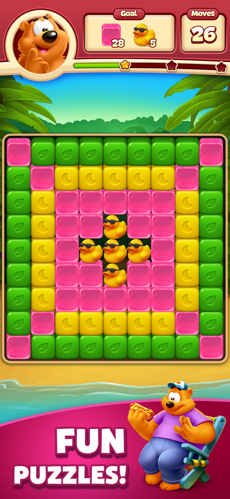 Gameplay screen of Toon Blast showing a colorful cube puzzle with Bruno Bear and toy ducks.