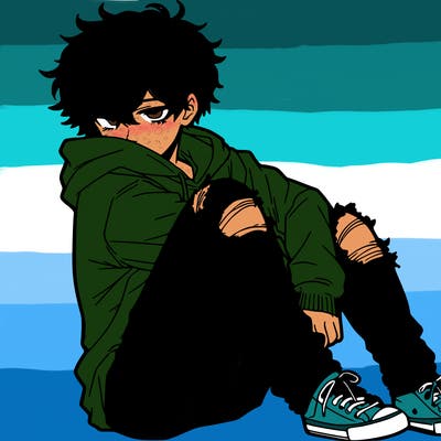 a male hoddie ripped jeans messy hair anime