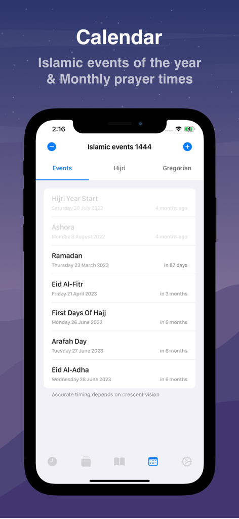 Moatheni: Muslim Prayer Times - Uno screenshot dell'app Moatheni che mostra il calendario islamico con un elenco di eventi religiosi tra cui Ramadan e Eid