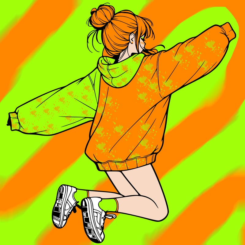 realistic girl jumping with a bun and oversized sweatshirt