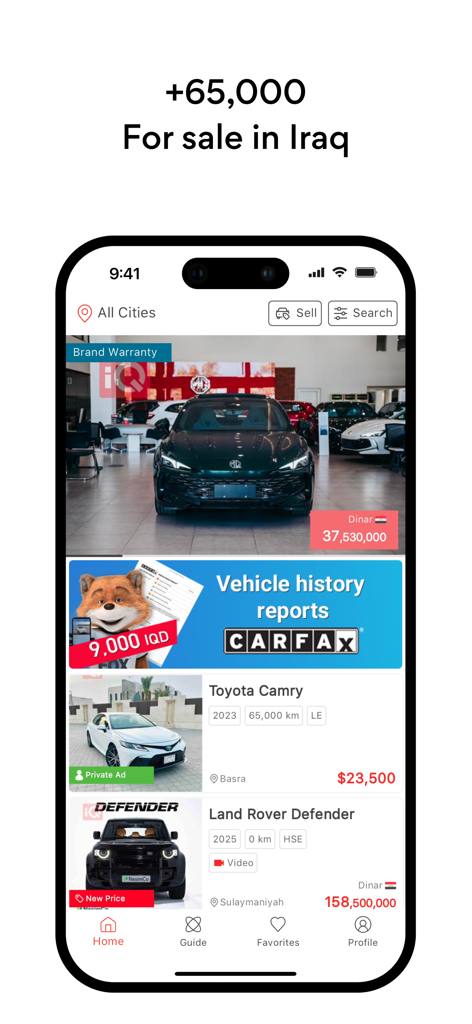 iQ Cars - سوق سيارات العراق - The iQ Cars mobile app interface showing car listings for sale in Iraq including Toyota Camry and Land Rover Defender with vehicle history report options