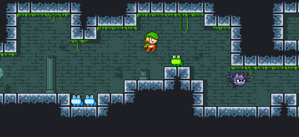 Tiny Dangerous Dungeons Remake - Pixel art platformer gameplay showing a character jumping in a dungeon with frogs and a bat
