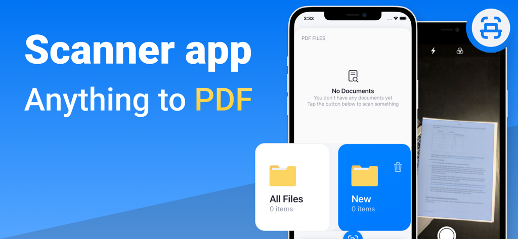 Interfaz de la aplicación móvil Escáner de Documentos PDF mostrando escaneo de documentos y organización de carpetas en pantallas de iPhone