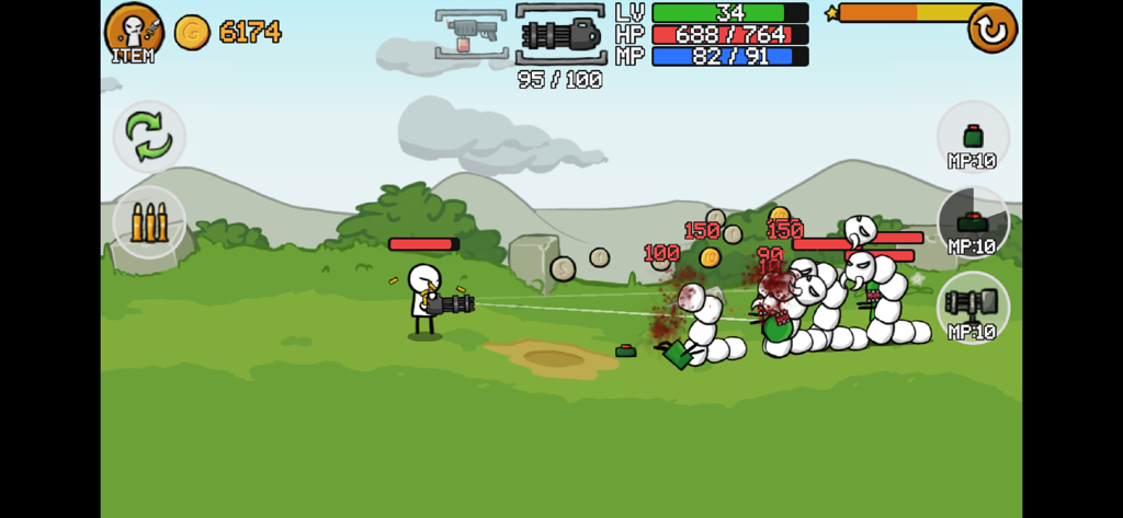 Un personaje stickman disparando una ametralladora a un grupo de monstruos gusanos blancos en un campo verde.