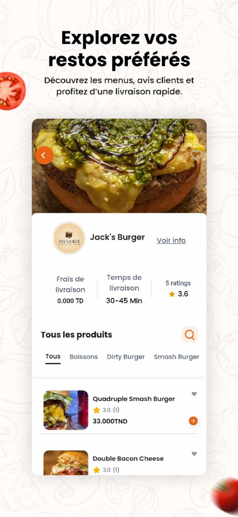 Zigzag Delivery - Zigzag Delivery app interface showing a restaurant menu for a burger shop in Tunisia