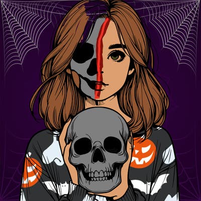 realistic girl holding a skull